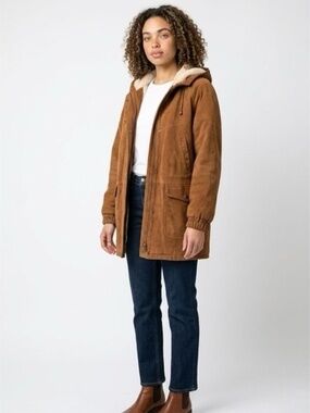 Vintage Marco Moroni Brown Leather Suede Coat Boho with Hood Medium